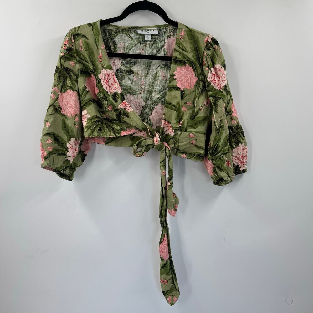 Aguabendita pink and green linen wrap Cropped blouse